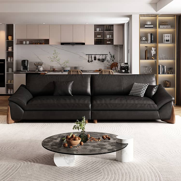 Stylish Black Pine Wood Sofa with Comfortable Goose Down and Faux Leather Finish hzh-1368