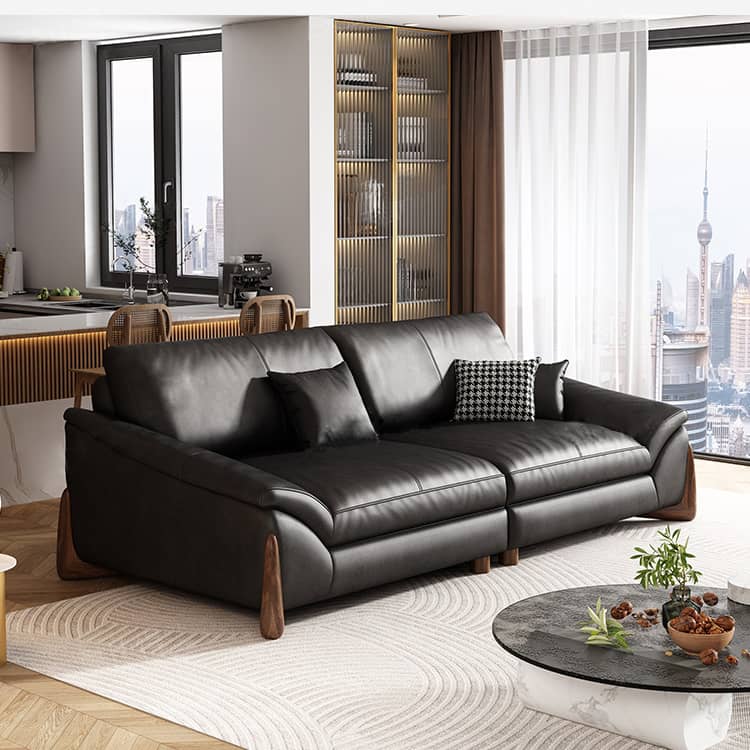 Stylish Black Pine Wood Sofa with Comfortable Goose Down and Faux Leather Finish hzh-1368