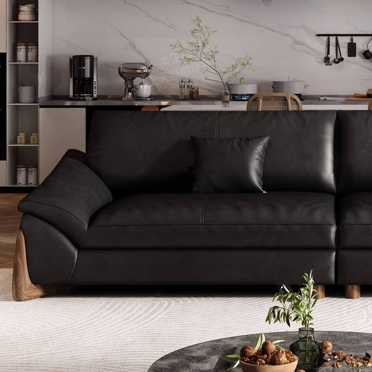 Stylish Black Pine Wood Sofa with Comfortable Goose Down and Faux Leather Finish hzh-1368