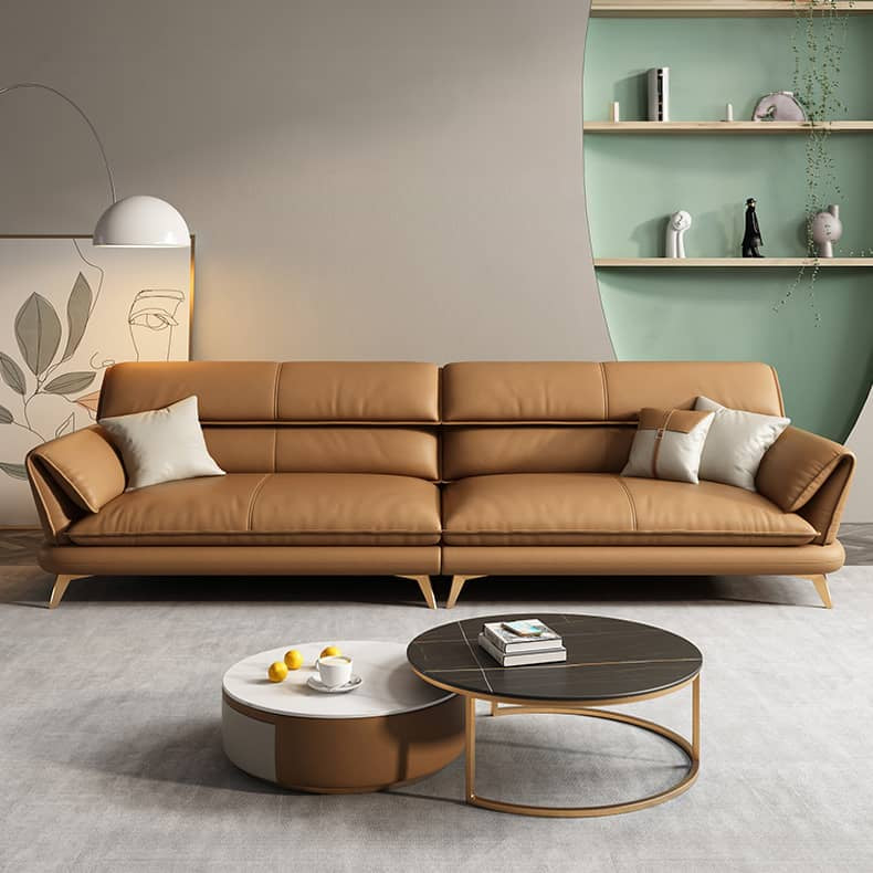 Stylish Orange Sofa with Pine Wood Frame and Faux Leather Accents – Comfort Meets Luxury hzh-1373