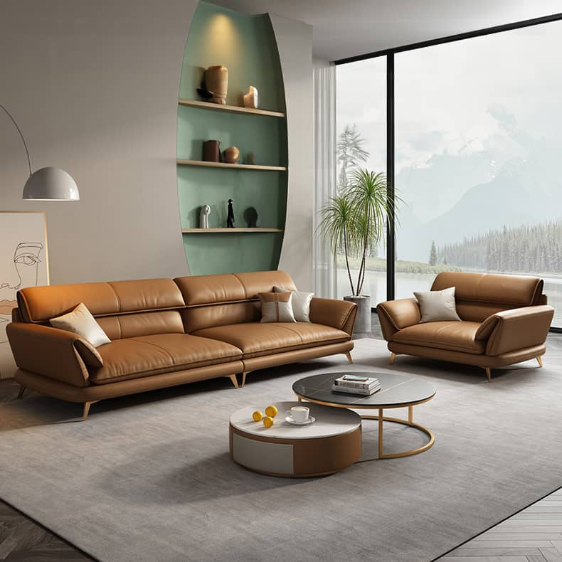 Stylish Orange Sofa with Pine Wood Frame and Faux Leather Accents – Comfort Meets Luxury hzh-1373