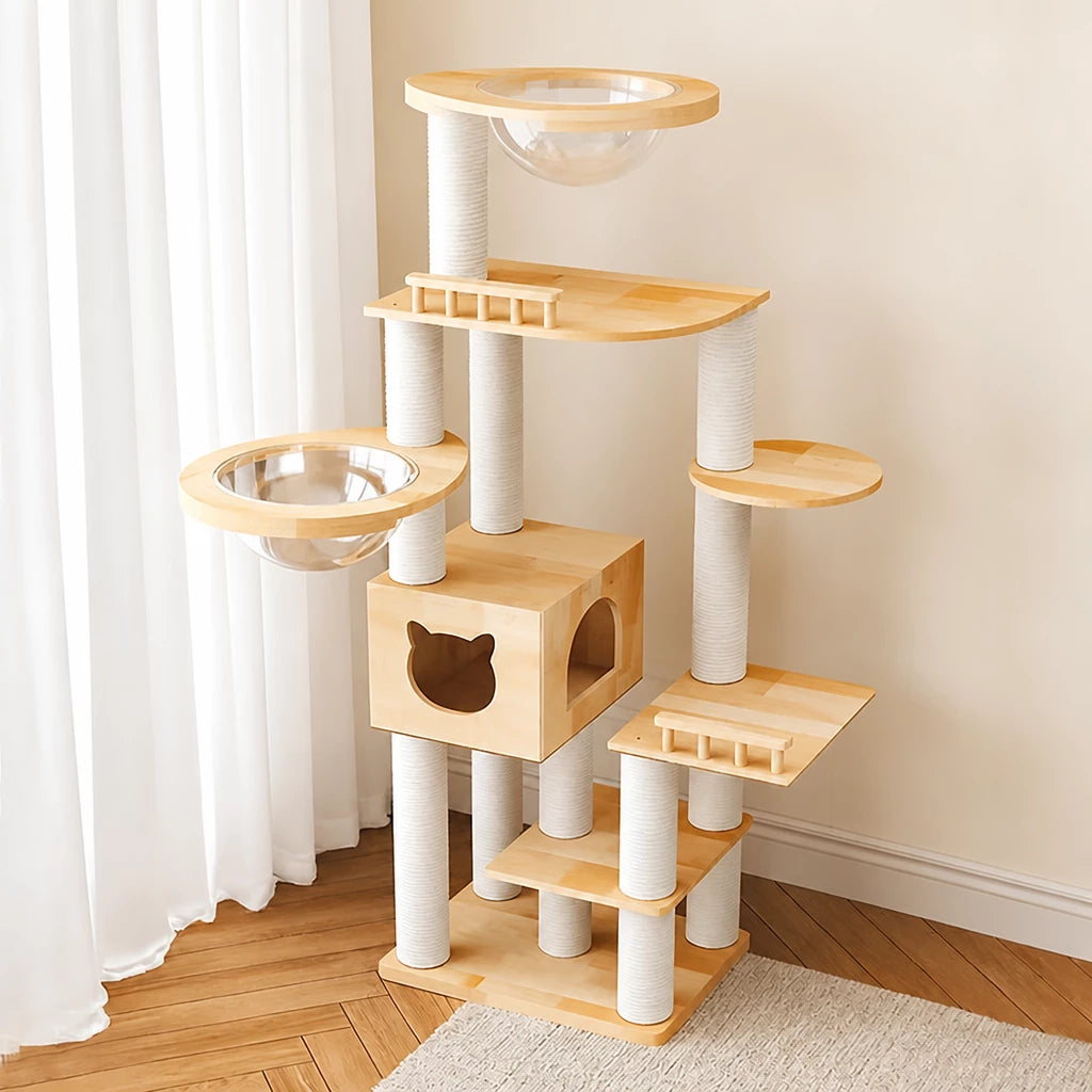 Large Solid Rubberwood Cat Tree with Climbing Platforms and Hideaway
