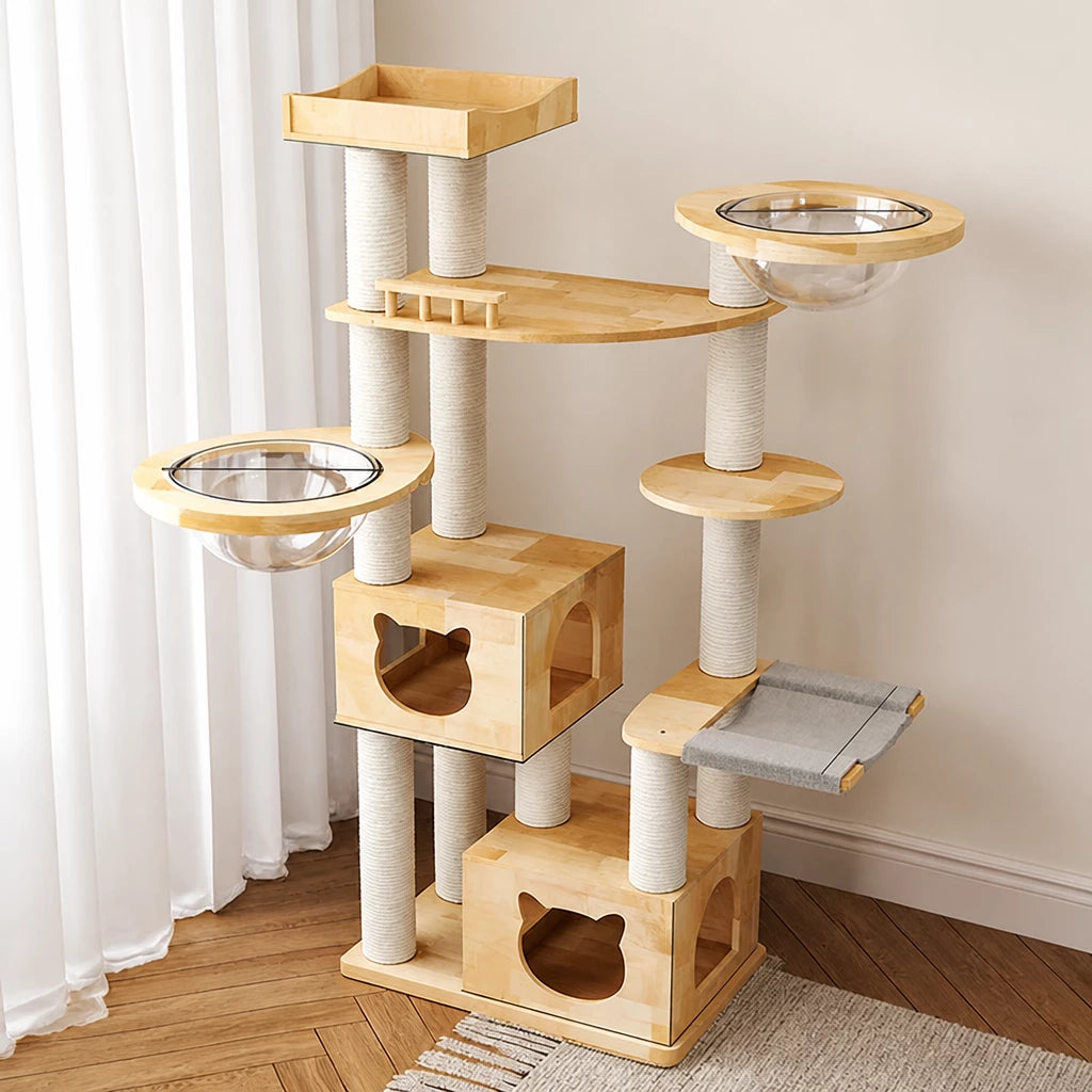 Large Solid Rubberwood Cat Tree with Climbing Platforms and Hideaway