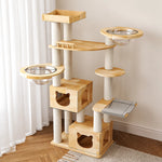 Large Solid Rubberwood Cat Tree with Climbing Platforms and Hideaway