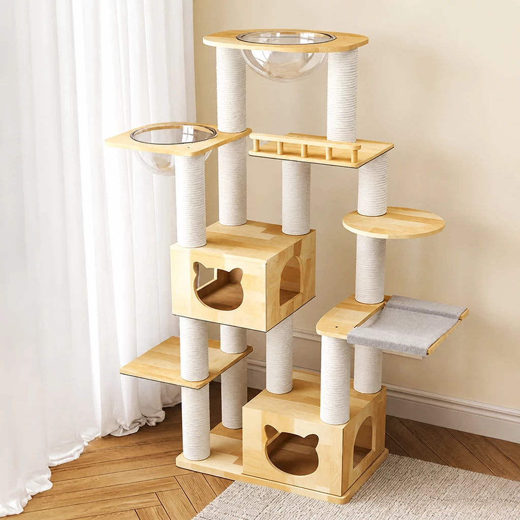 Large Solid Rubberwood Cat Tree with Climbing Platforms and Hideaway