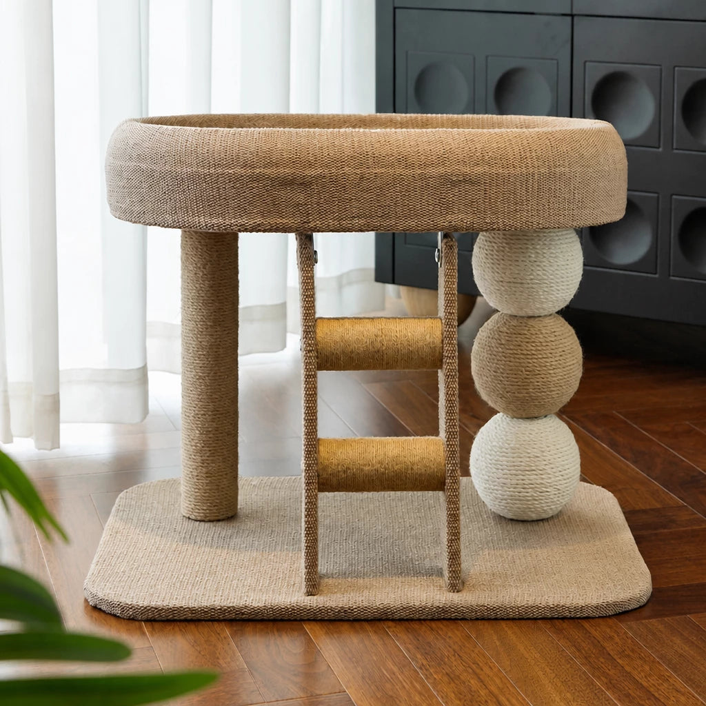 Two-Tier Cat Tree with Oval Cat House and Sisal Scratcher