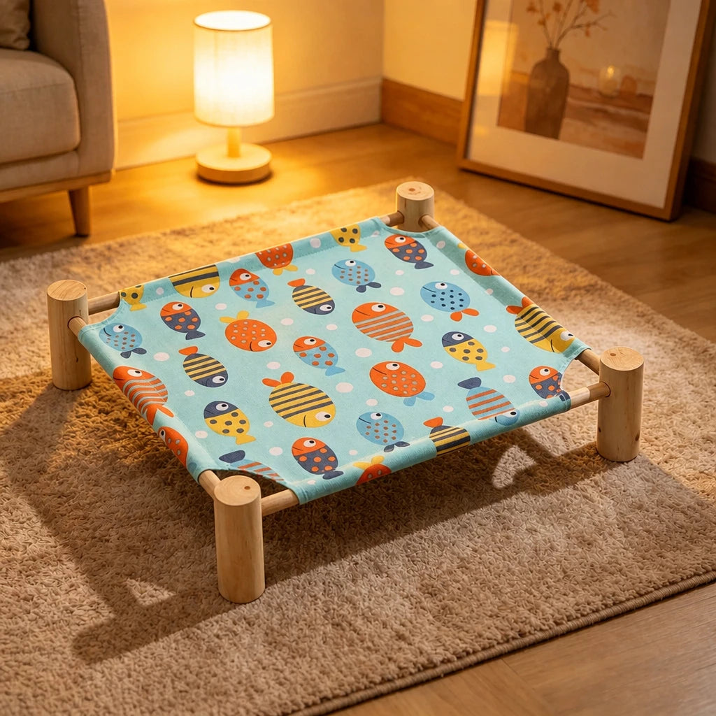 Elevated Cat & Small Pet Bed with Solid Wood Frame