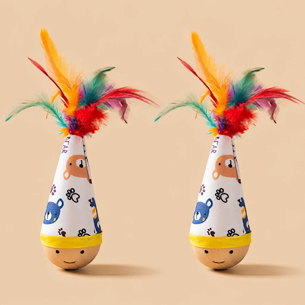Beechwood Wobble Cat Toys with Feather and Twist Designs