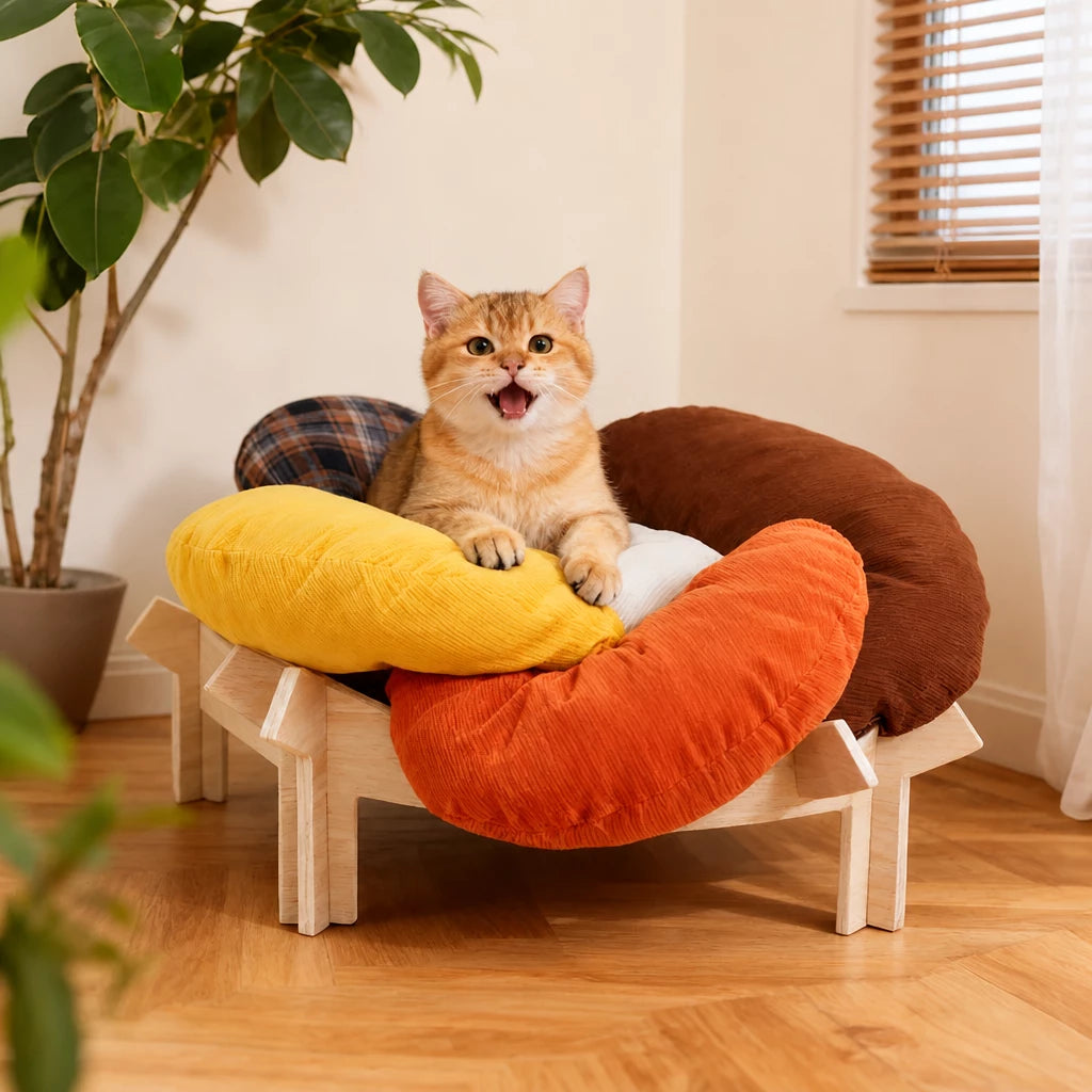 Flower-Shaped Cat & Small Dog Bed with Solid Wood Stand