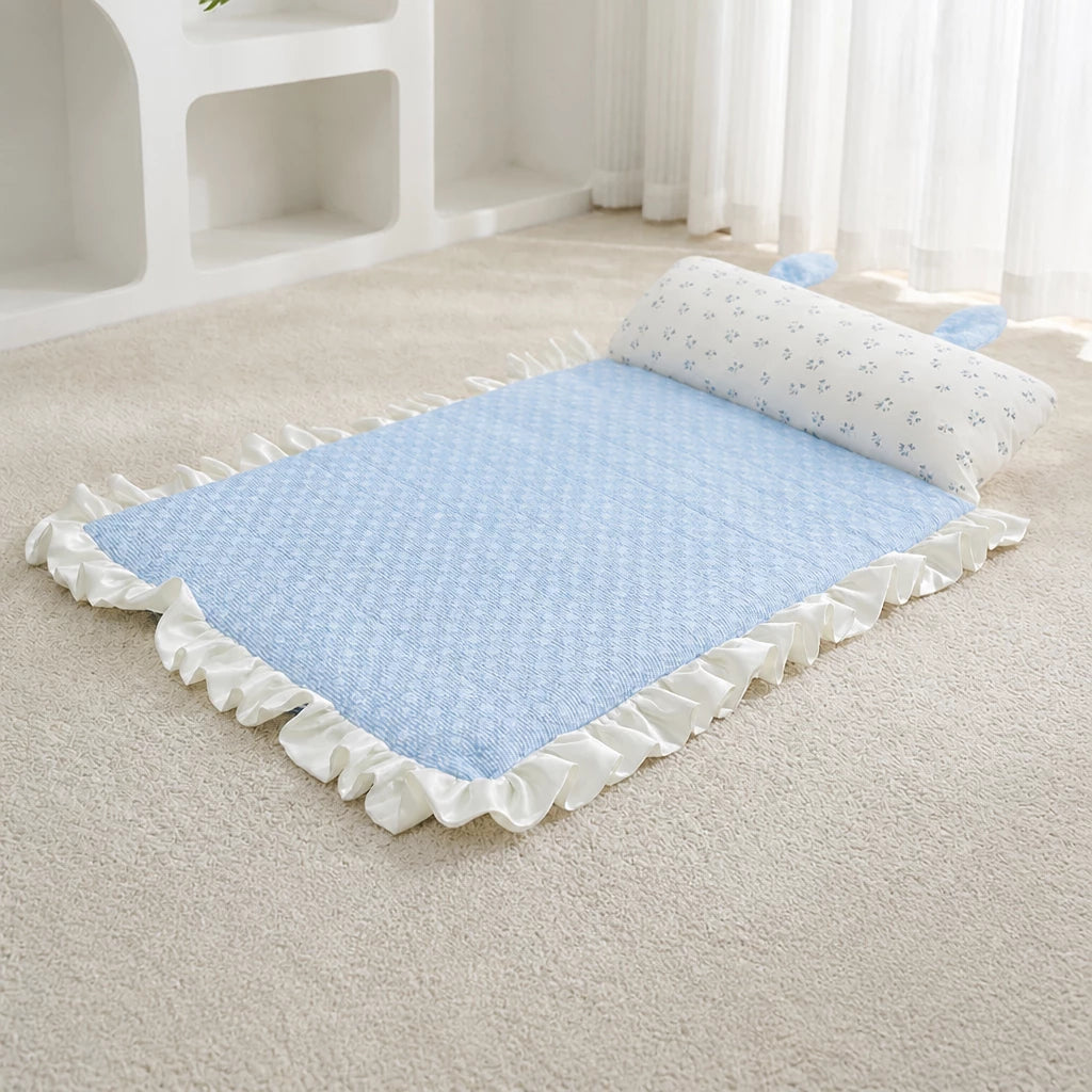 Cotton-Linen Pet Mat with Bunny-Ear Pillow for Cats and Dogs