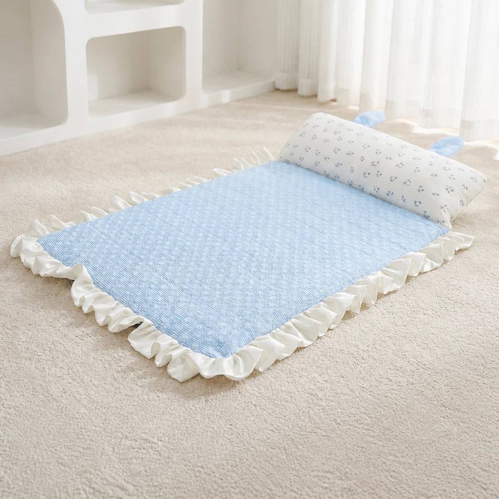 Cotton-Linen Pet Mat with Bunny-Ear Pillow for Cats and Dogs