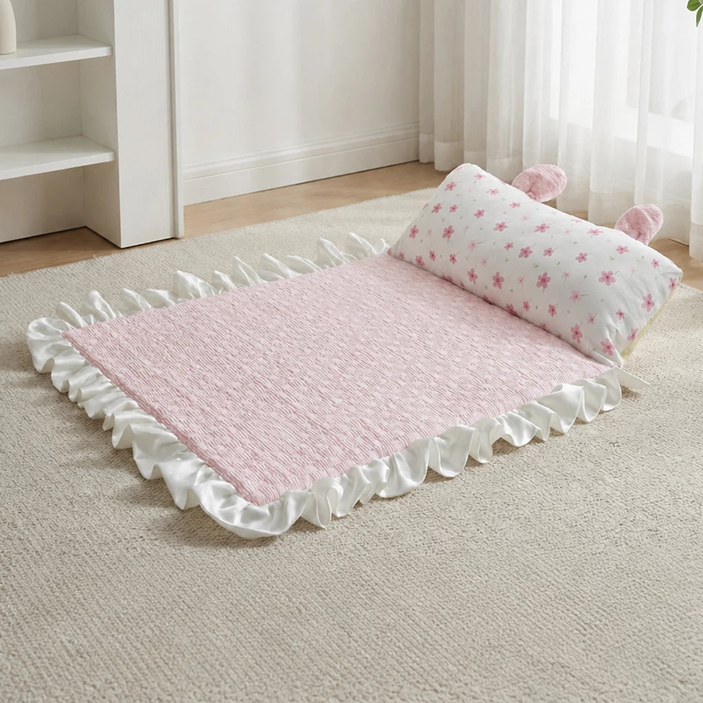 Cotton-Linen Pet Mat with Bunny-Ear Pillow for Cats and Dogs