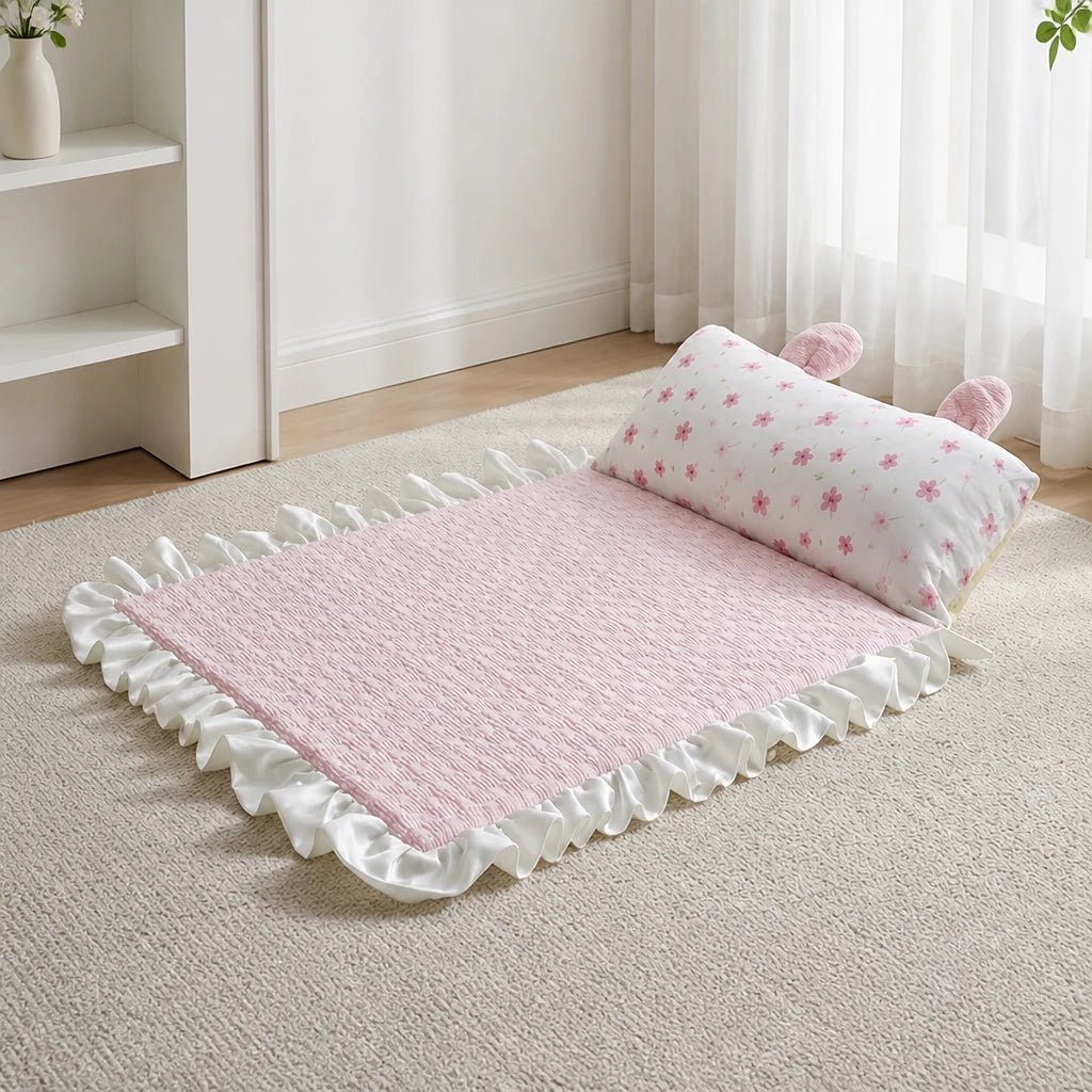 Cotton-Linen Pet Mat with Bunny-Ear Pillow for Cats and Dogs