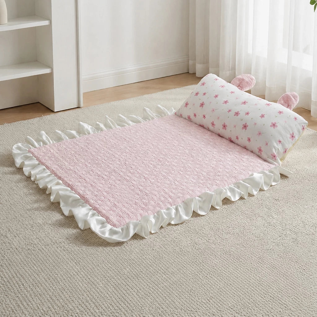 Cotton-Linen Pet Mat with Bunny-Ear Pillow for Cats and Dogs