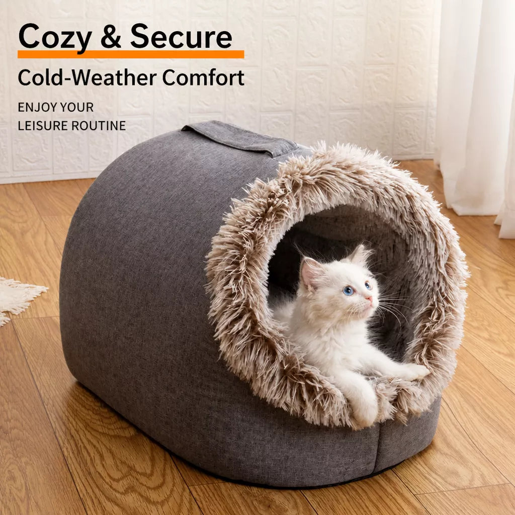 Enclosed Plush Pet Bed with Carry Handle for Cats & Small Dogs