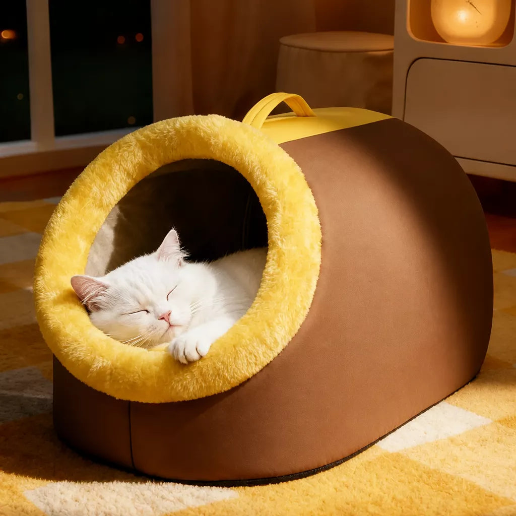 Enclosed Plush Pet Cave Bed with Carry Handle