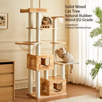 Large Solid Rubberwood Cat Tree with Climbing Platforms and Hideaway