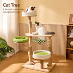 Solid Wood Cat Tree with Cat House and Hanging Basket