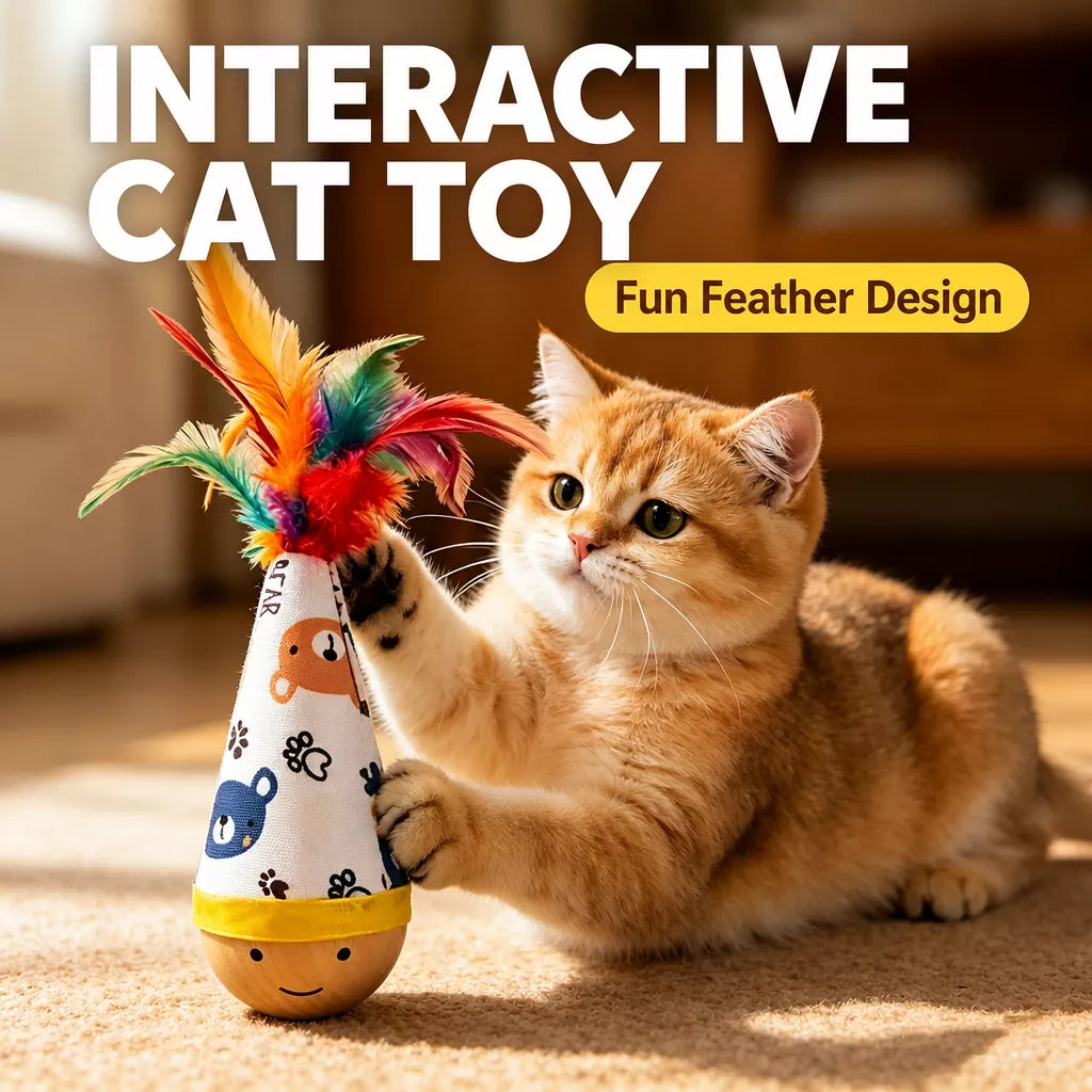 Beechwood Wobble Cat Toys with Feather and Twist Designs