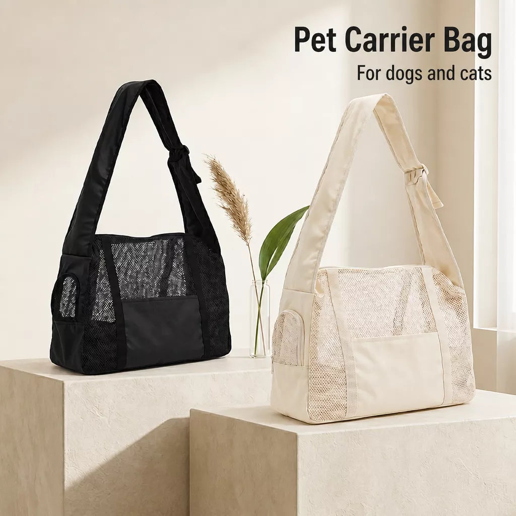 Faux Leather Mesh Crossbody Pet Carrier for Cats and Small Dogs