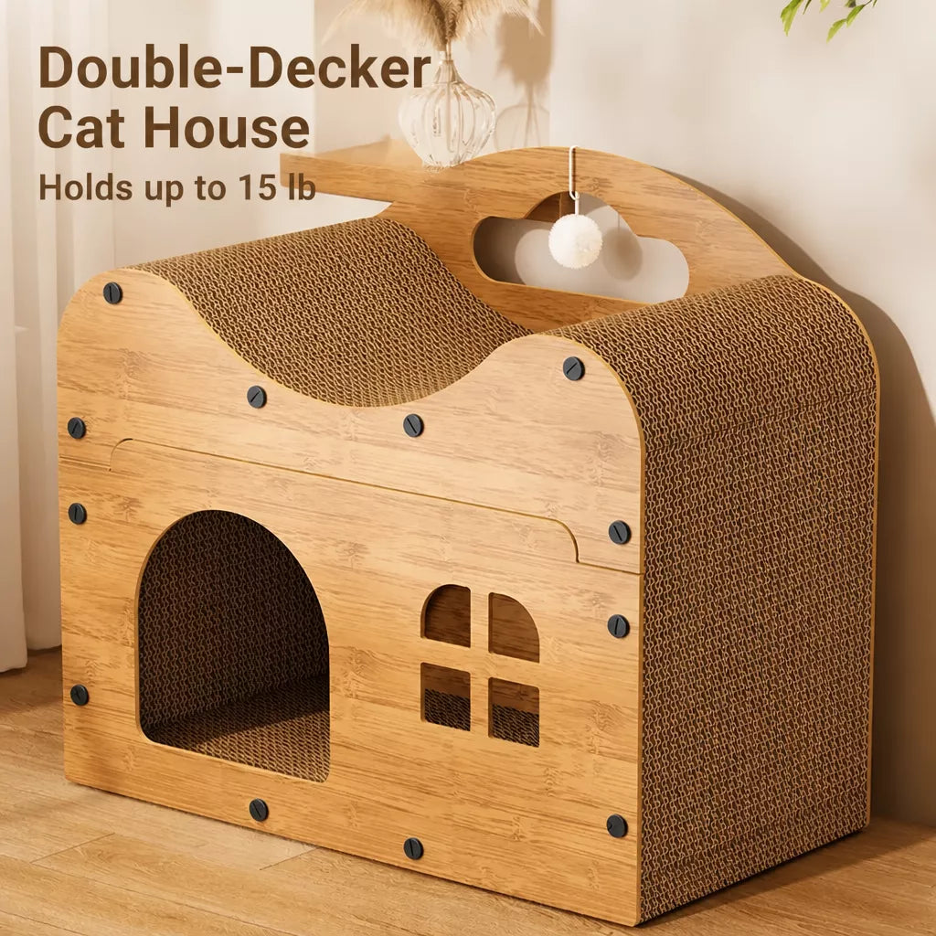 Corrugated Cardboard Cat House with Integrated Scratching Surface