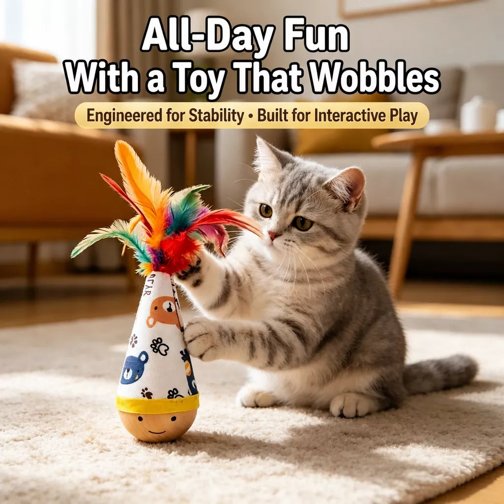 Beechwood Wobble Cat Toys with Feather and Twist Designs