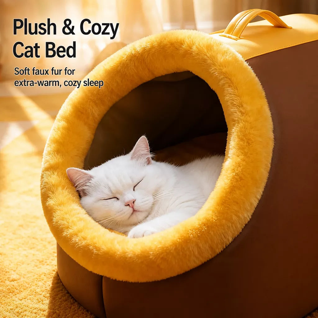 Enclosed Plush Pet Cave Bed with Carry Handle