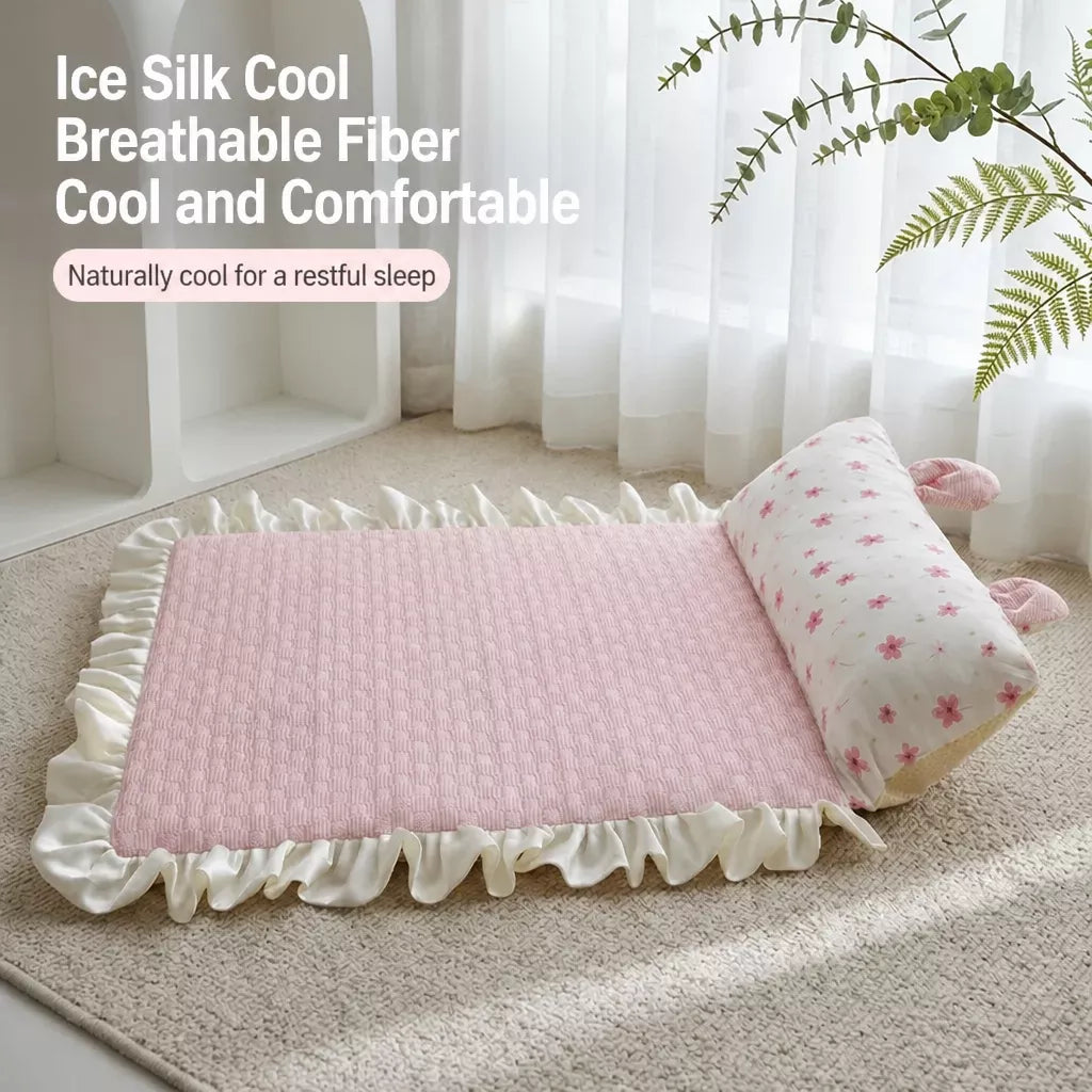 Cotton-Linen Pet Mat with Bunny-Ear Pillow for Cats and Dogs