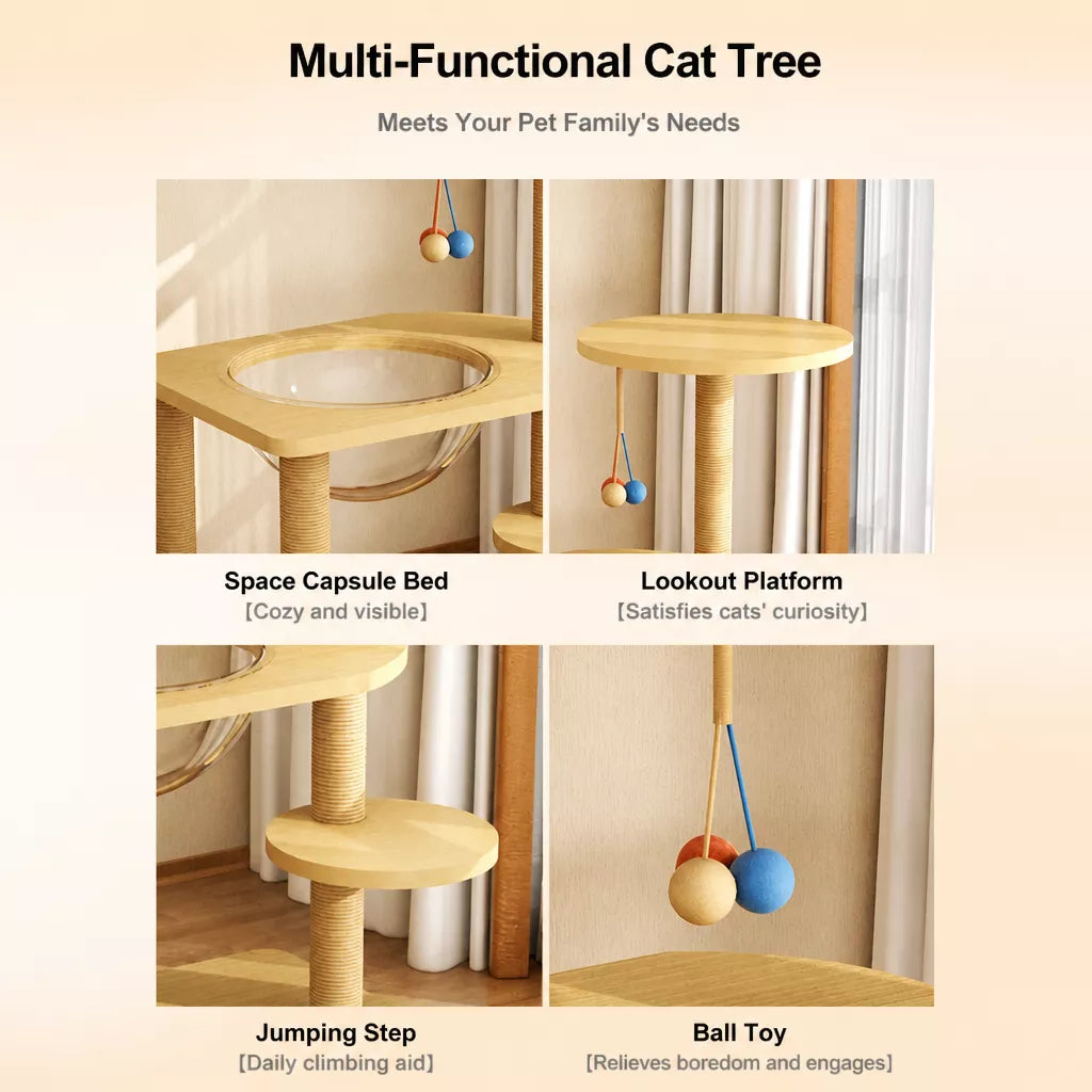 Cat Tree with Enclosed Cat House and Scratching Board