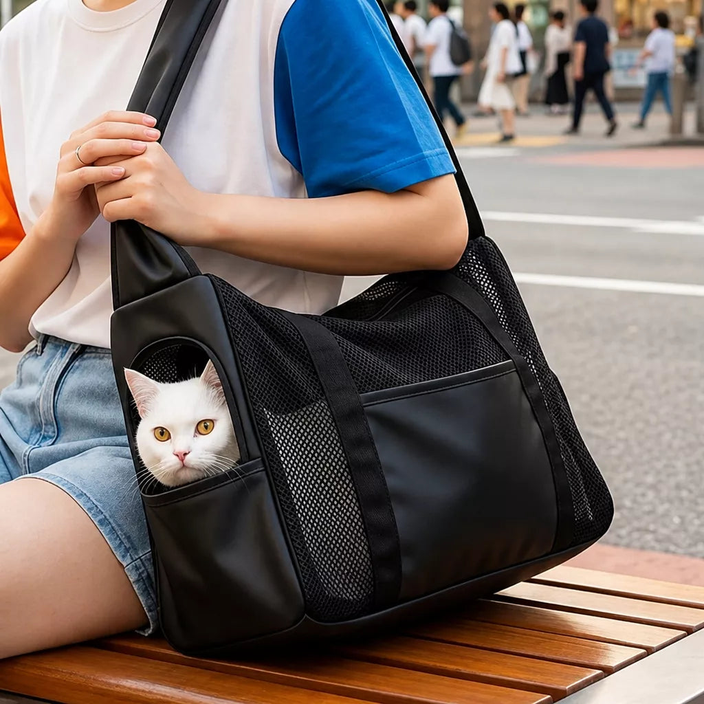 Faux Leather Mesh Crossbody Pet Carrier for Cats and Small Dogs