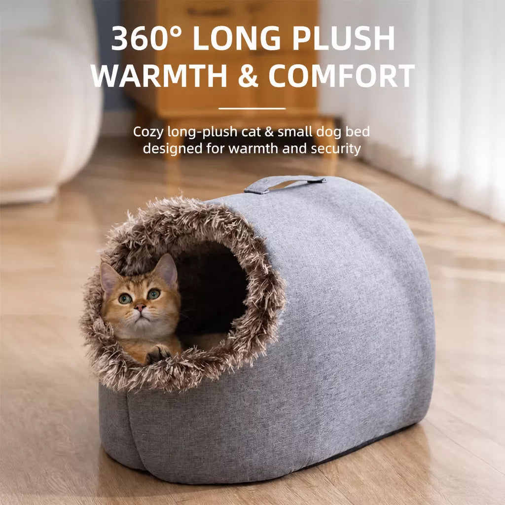 Enclosed Plush Pet Bed with Carry Handle for Cats & Small Dogs