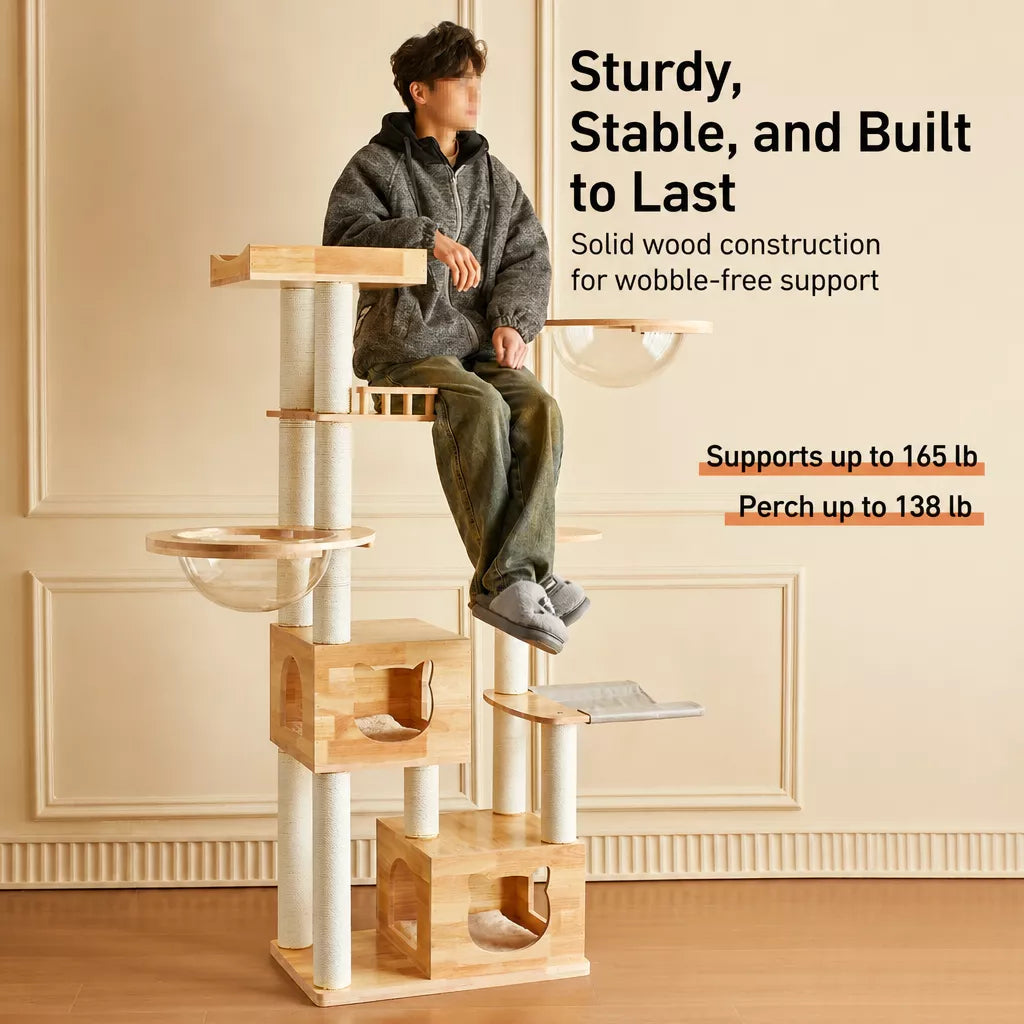 Large Solid Rubberwood Cat Tree with Climbing Platforms and Hideaway