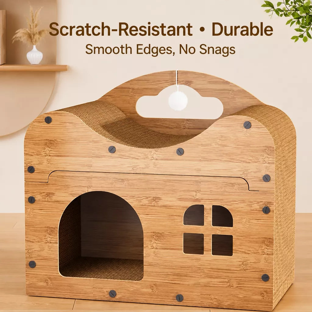 Corrugated Cardboard Cat House with Integrated Scratching Surface
