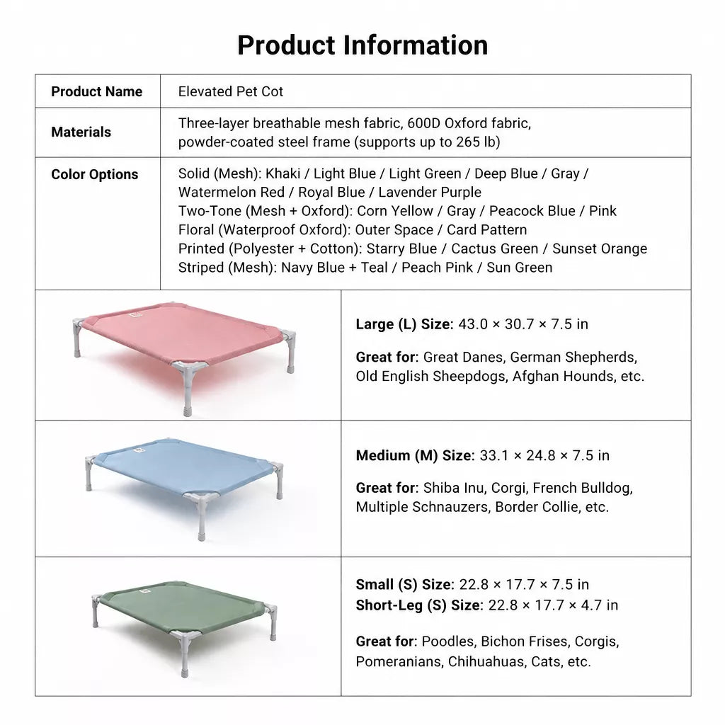 Elevated Pet Bed with Breathable Fabric and Steel Frame