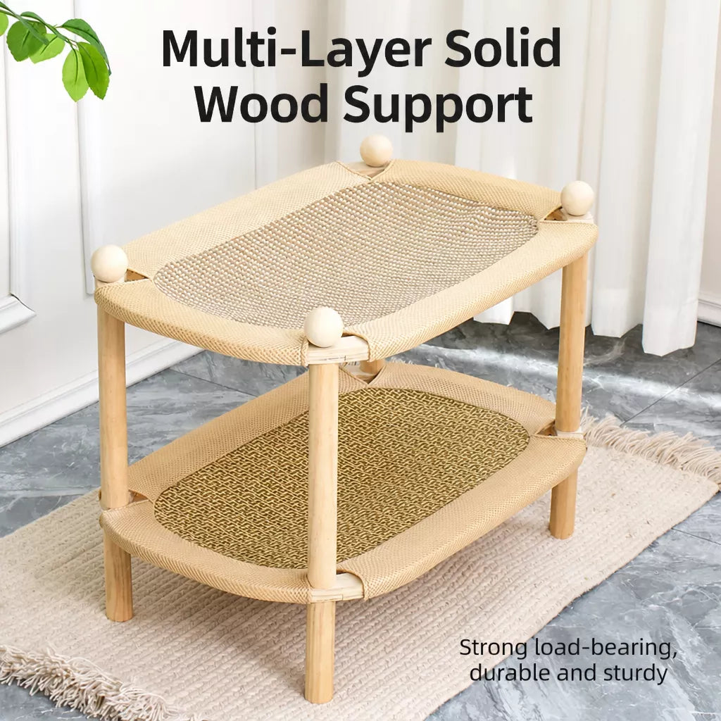 Two-Tier Wooden Cat Bed with Sisal Scratching Mat