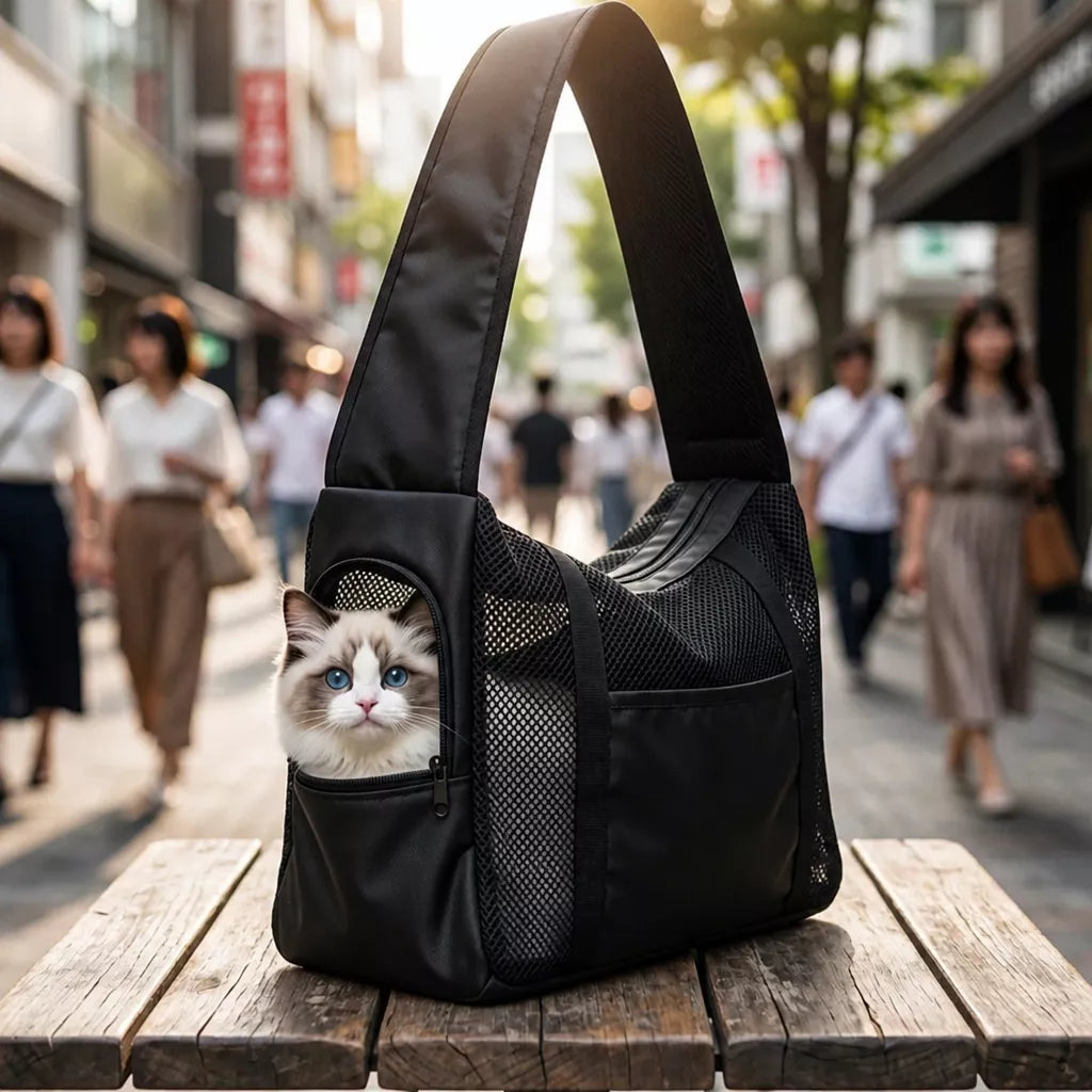 Faux Leather Mesh Crossbody Pet Carrier for Cats and Small Dogs