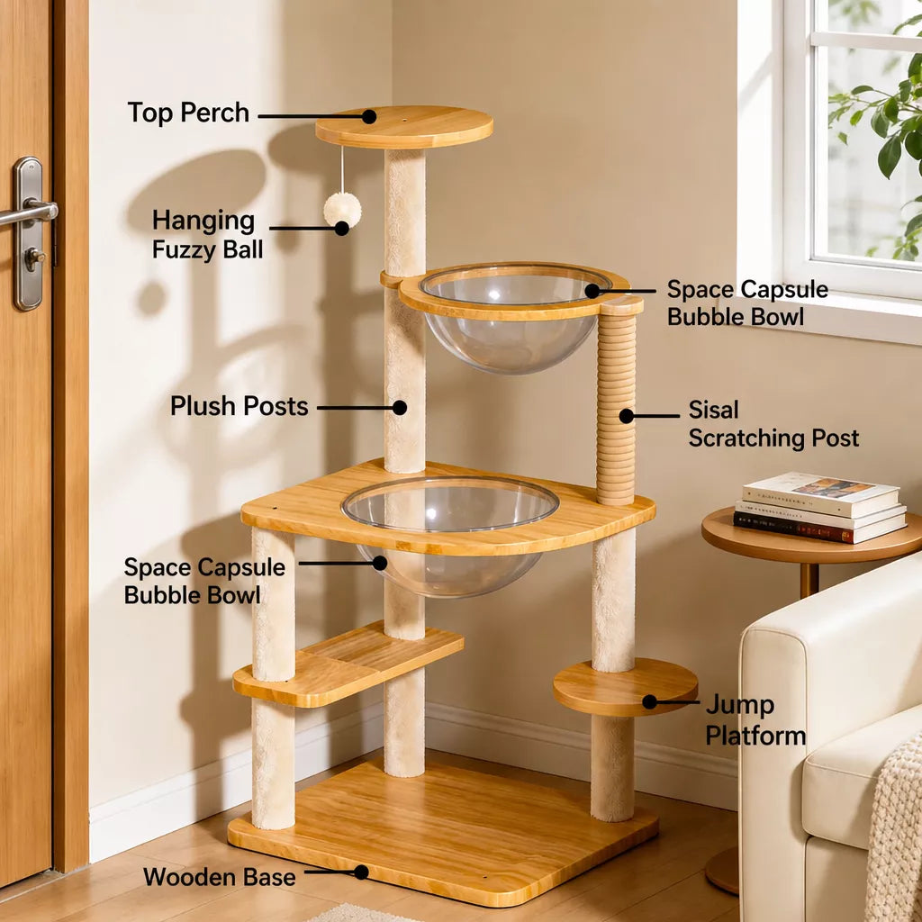 Solid Wood Cat Tree with a Cat Condo and Climbing Platforms