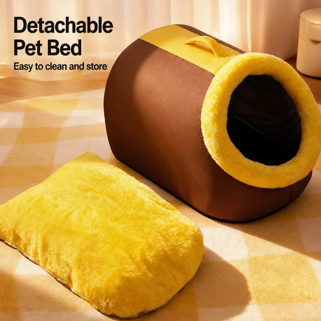 Enclosed Plush Pet Cave Bed with Carry Handle