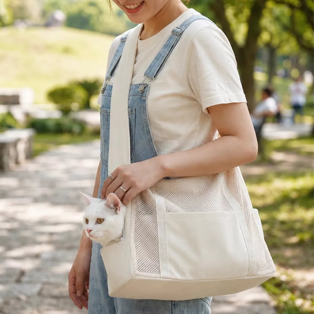 Faux Leather Mesh Crossbody Pet Carrier for Cats and Small Dogs