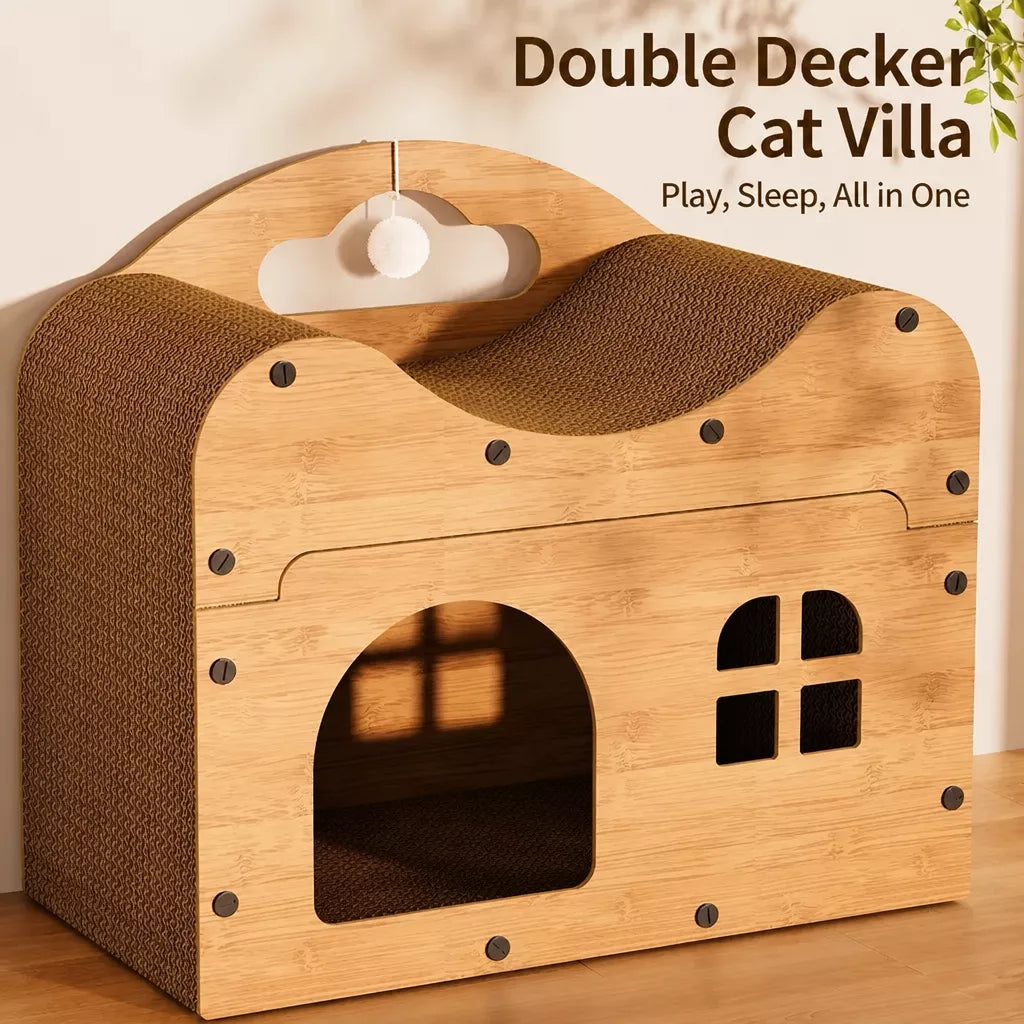 Corrugated Cardboard Cat House with Integrated Scratching Surface