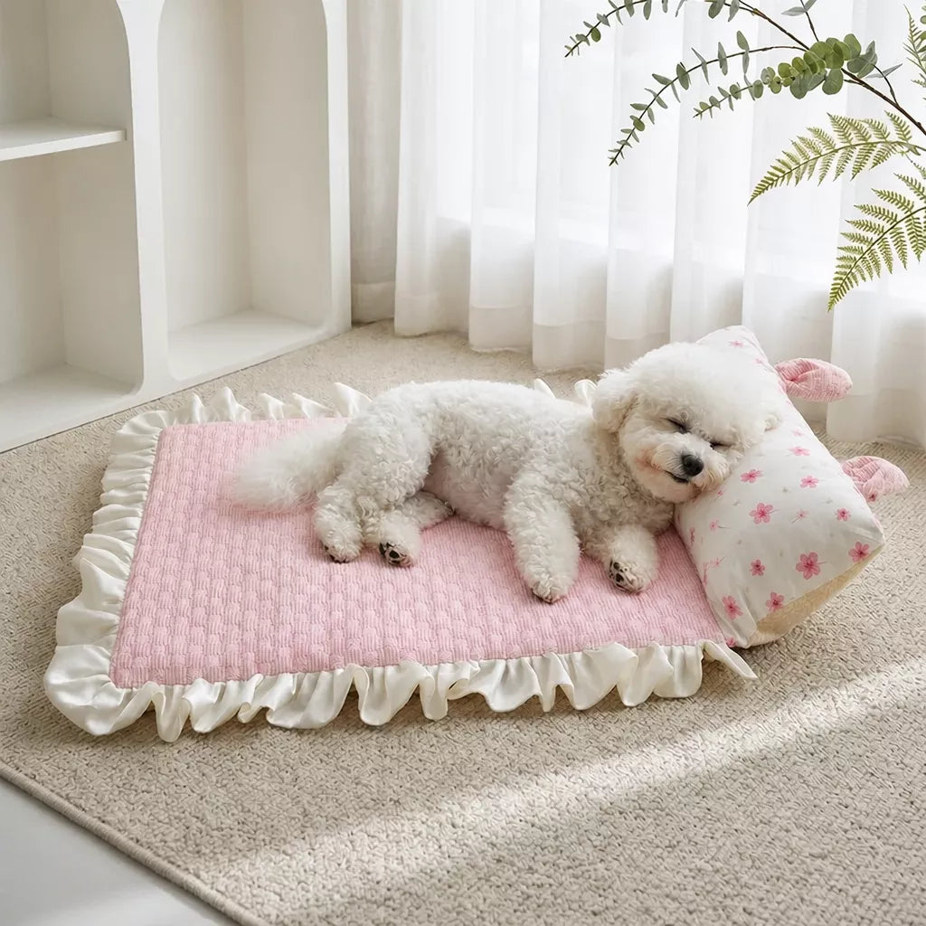 Cotton-Linen Pet Mat with Bunny-Ear Pillow for Cats and Dogs
