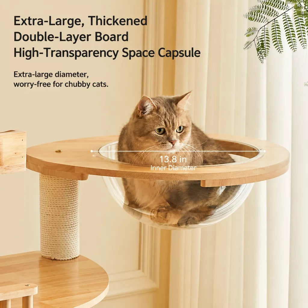 Large Solid Rubberwood Cat Tree with Climbing Platforms and Hideaway