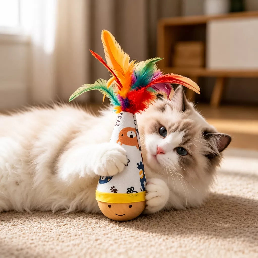Beechwood Wobble Cat Toys with Feather and Twist Designs