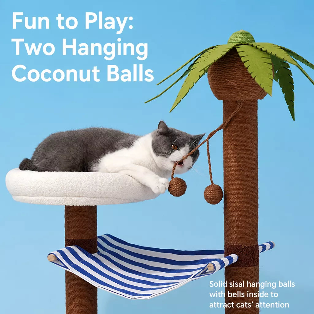 Coconut Tree Cat Tower with Scratching Post and Cat Bed