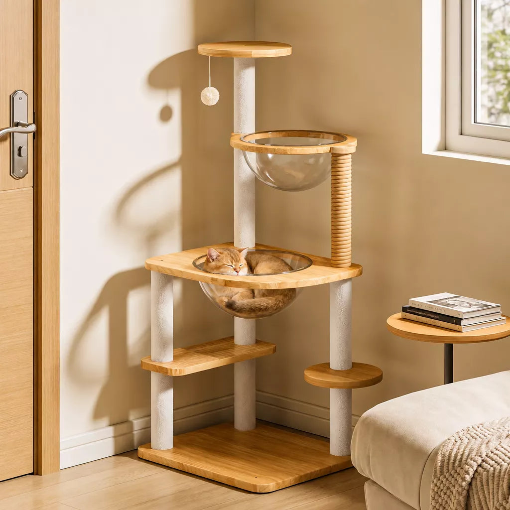 Solid Wood Cat Tree with a Cat Condo and Climbing Platforms