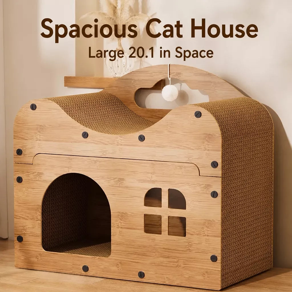 Corrugated Cardboard Cat House with Integrated Scratching Surface