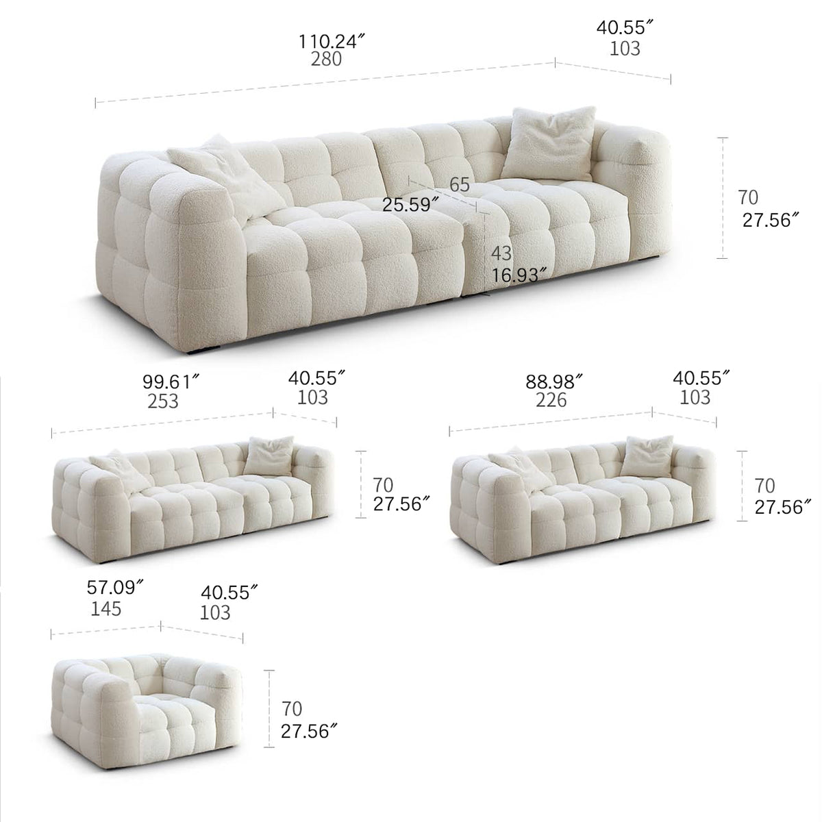 Luxury White Pine Sofa with Faux Lambswool and Down Silk Floss Comfort my-343