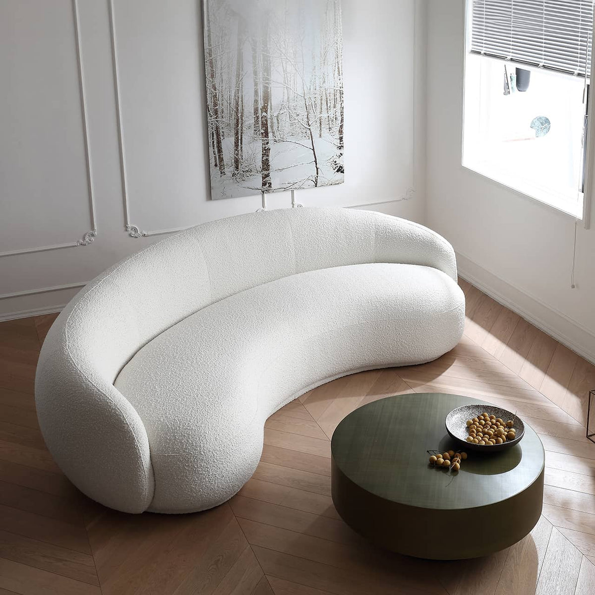 Elegant White Sofa with Luxurious Pine Suede Upholstery and Grass Green Accents my-351