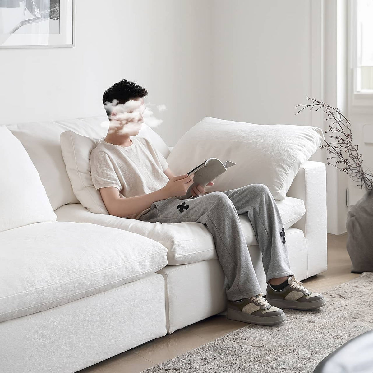 Luxury Cotton-Ramie White Sofa with Down & Silk Floss Cushions - Available in Brown, Dark Blue, and Black my-357