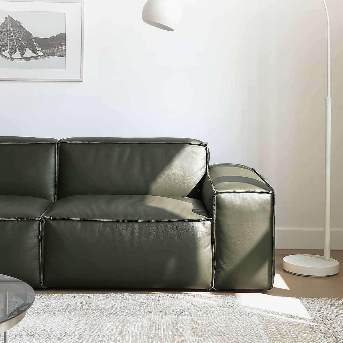 Luxurious Dark Green Pine Leather Sofa with Plush Down Cushions my-368